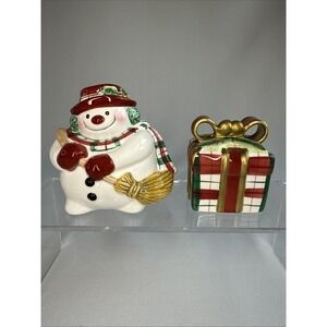 Fitz and Floyd Salt & Pepper Shaker Set Snowman & Present Plaid Christmas New